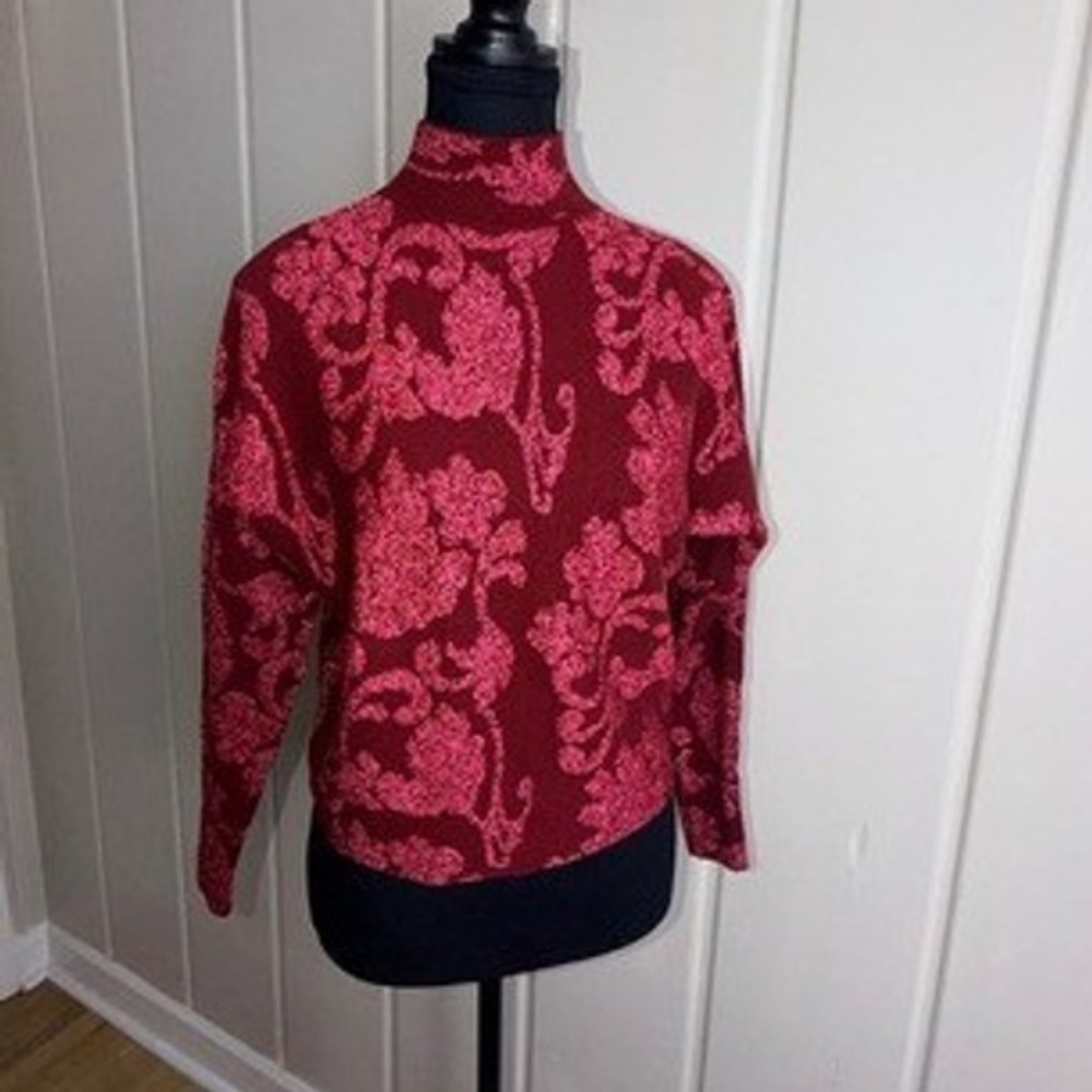 Sioni Bloomingdales Red Pink Floral Metallic Mock Neck Sweater XS Burgundy